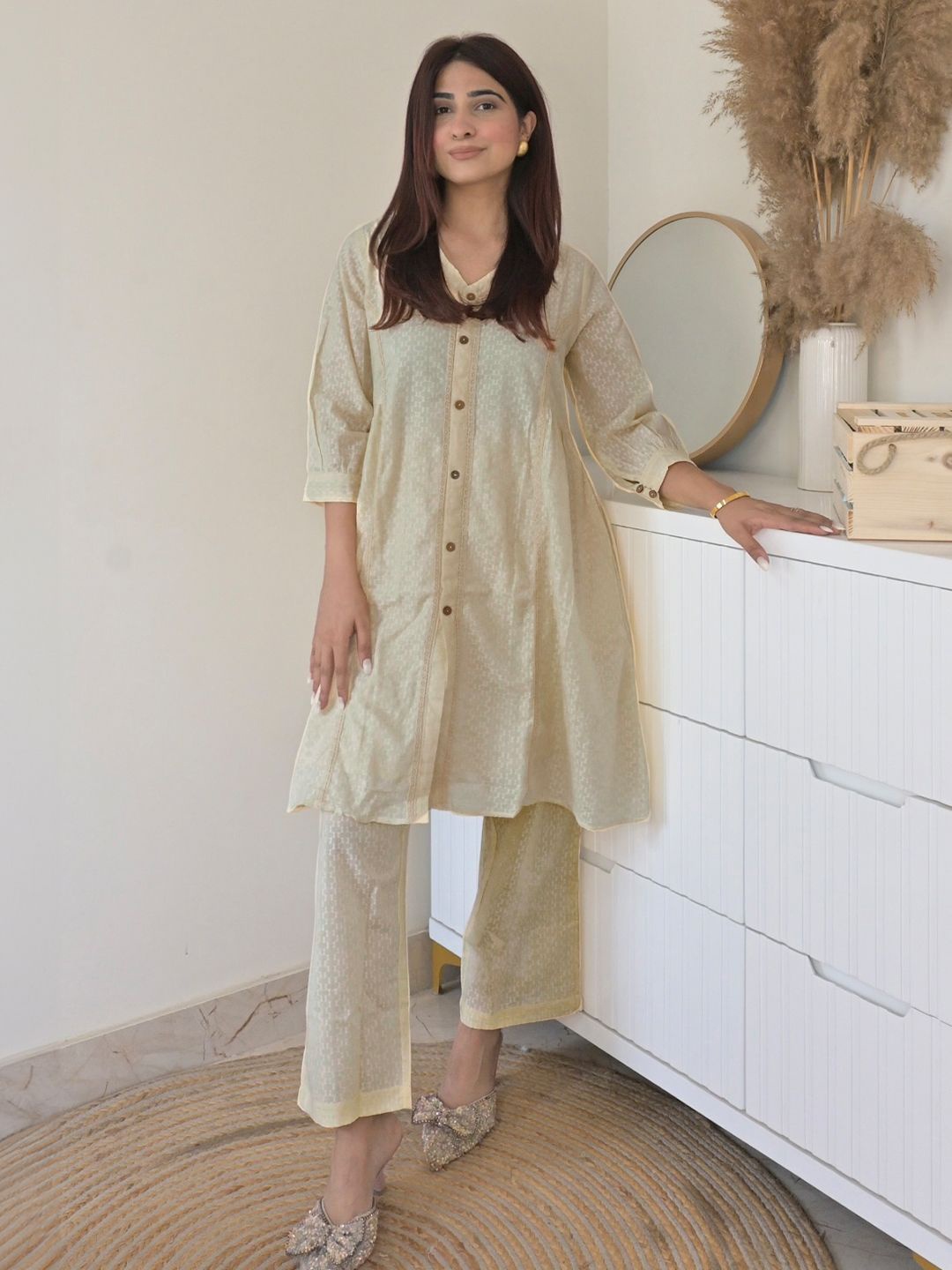 

Janasya Self Design Pure Cotton Tunic With Trouser, Cream