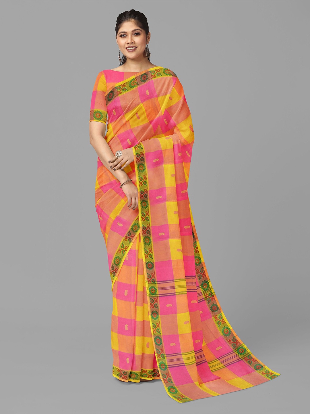 

The Chennai Silks Checked Zari Pure Cotton Chettinad Saree, Pink