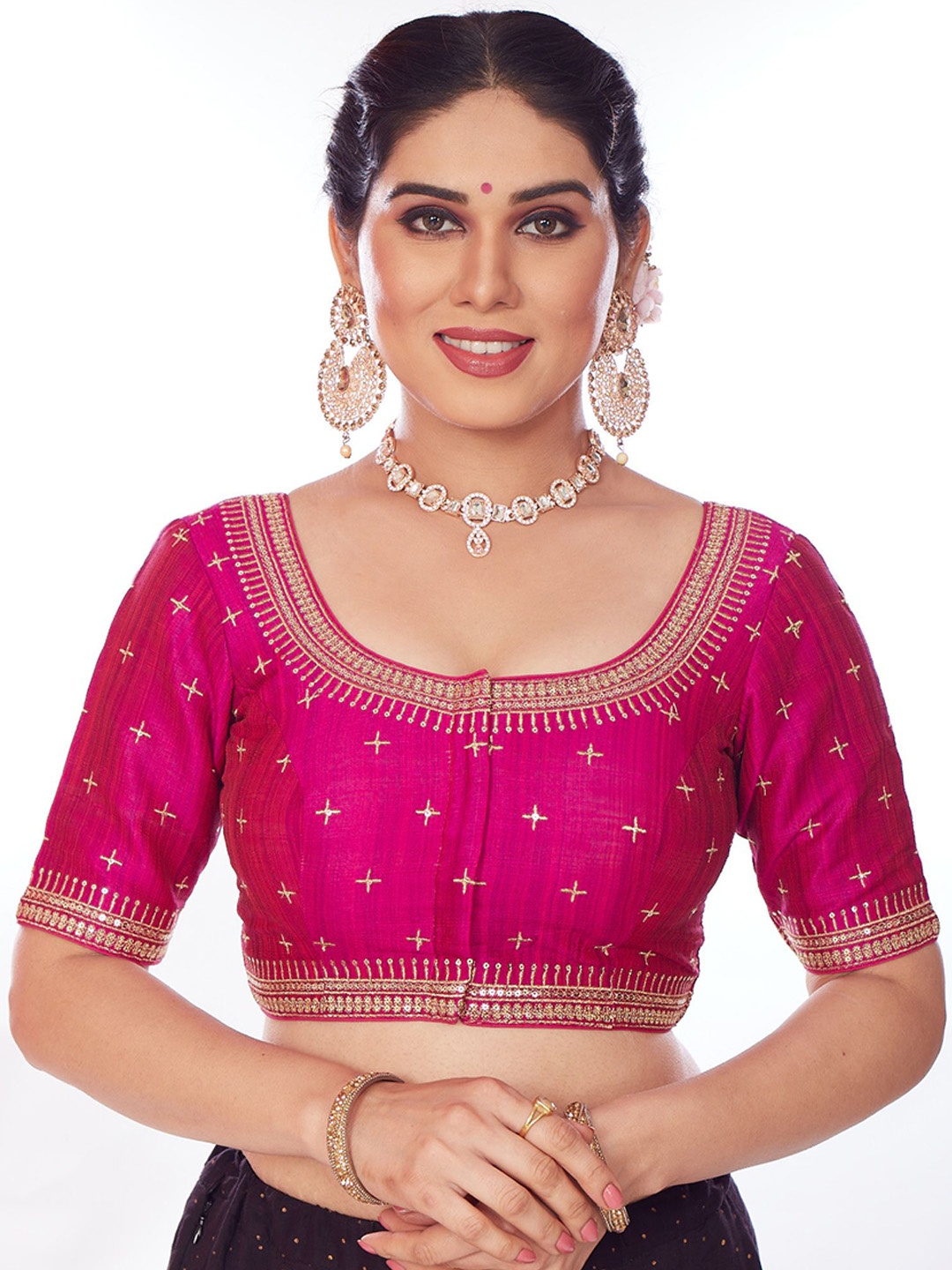 

Mmore Embroidered Round Neck Saree Blouse, Magenta