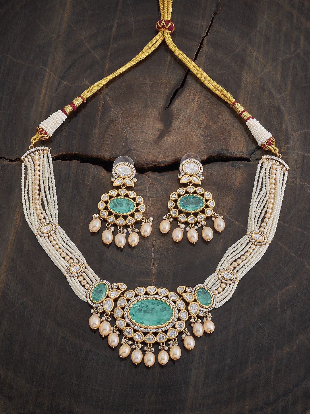 

Kushal's Fashion Jewellery Gold-Plated Stone Studded & Beaded Jewellery Set, Sea green
