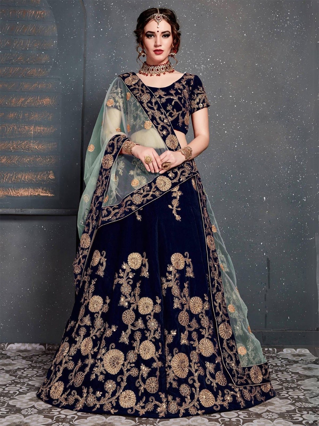 

ODETTE Floral Embroidered Sequinned Velvet Semi-Stitched Lehenga & Blouse With Dupatta, Navy blue