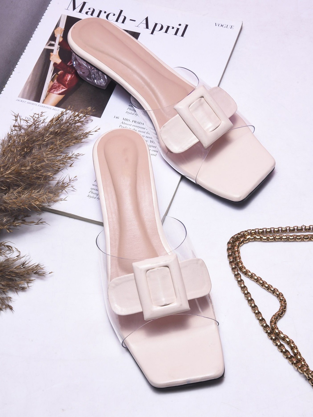 

Try Me Buckle Detail Block Heel Sandals, Beige