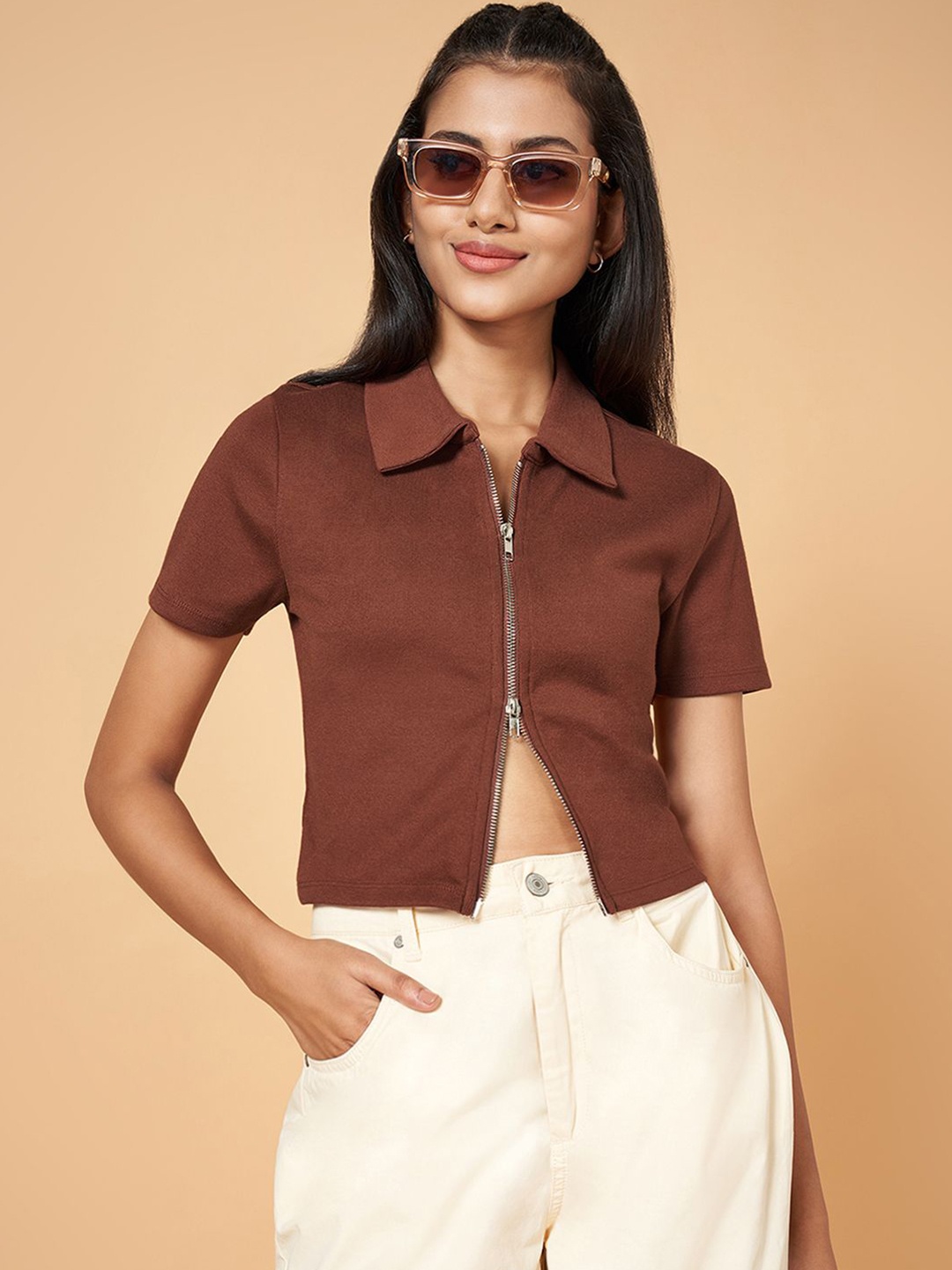 

People Women Solid Shirt Collar Cotton Top, Brown