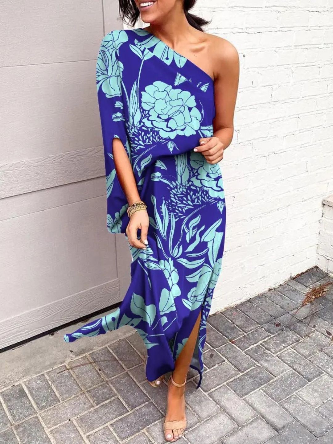 

KPOP Floral Print One Shoulder A-Line Women Maxi Dress, Blue