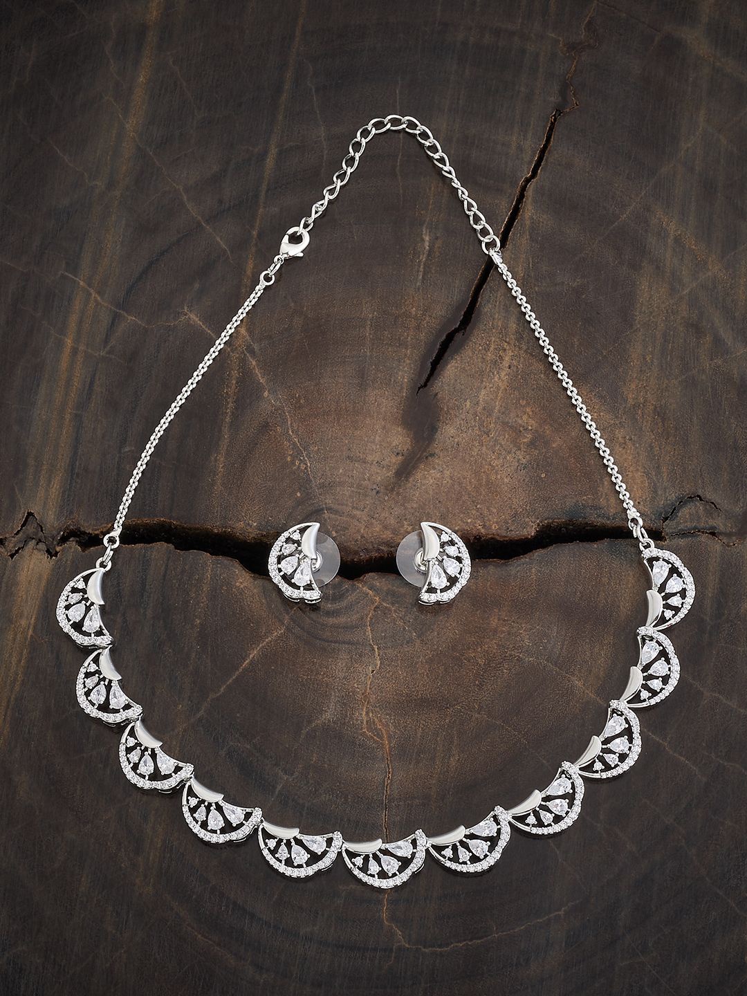 

Kushal's Fashion Jewellery Rhodium-Plated Cubic Zirconia Stone-Studded Jewellery Set, Silver