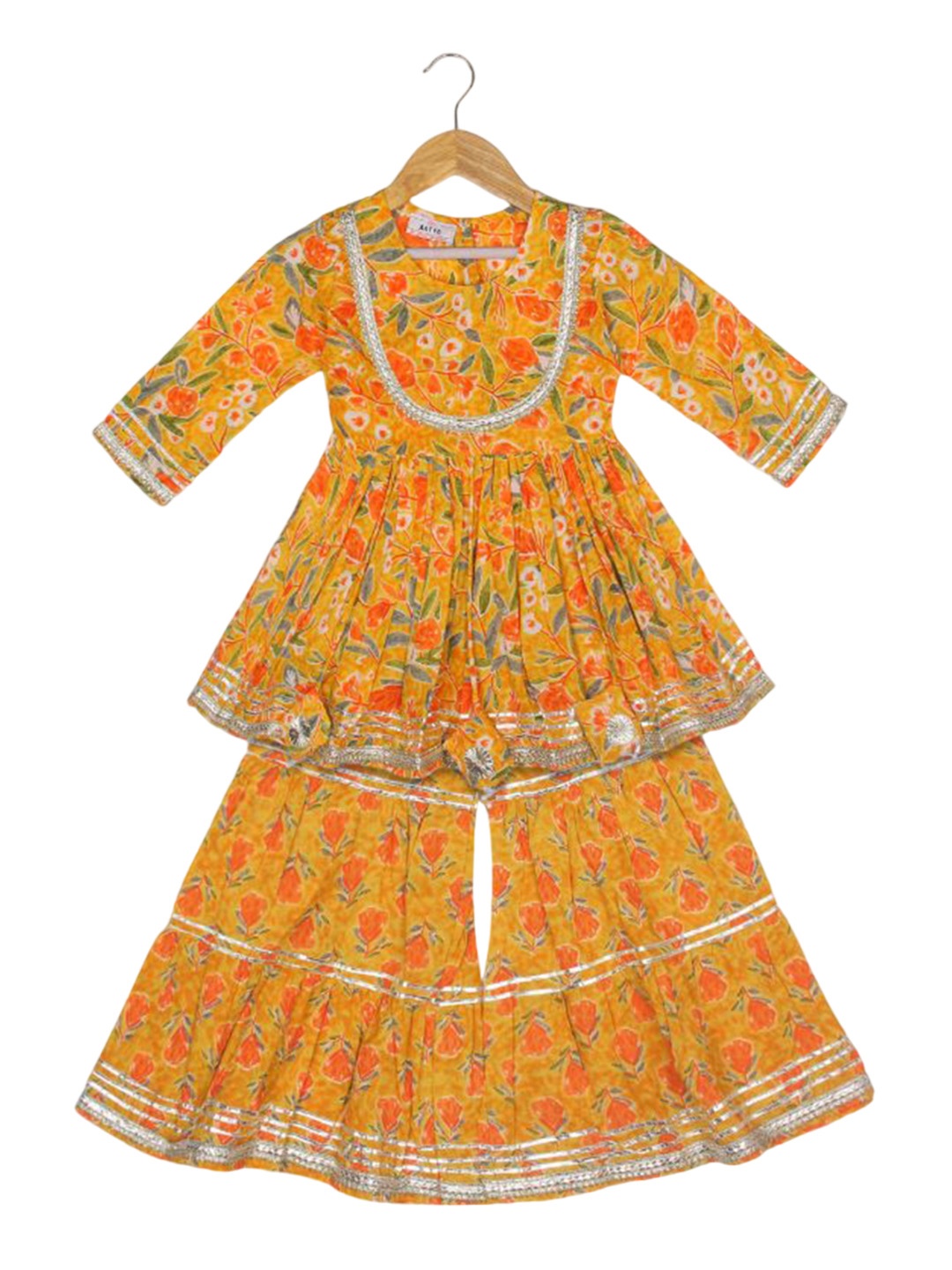 

AATYA KIIDS Girls Floral Printed Gotta Patti Pure Cotton A-Line Kurti with Sharara, Yellow