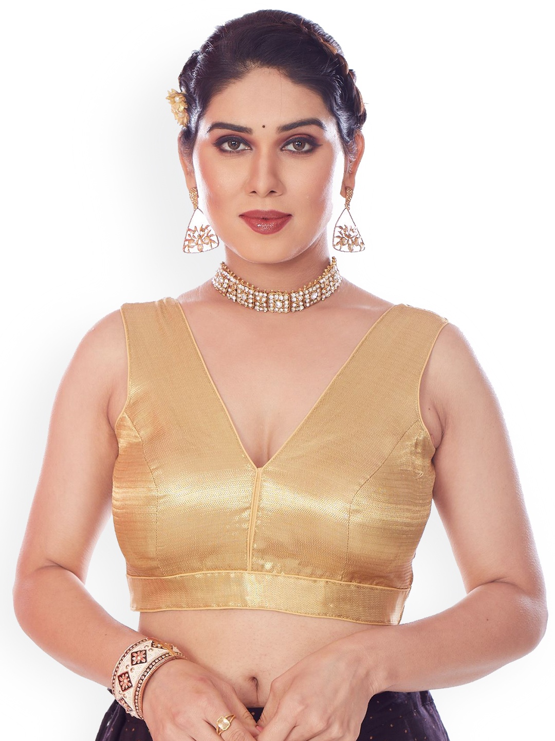 

Mmore V-Neck Padded Saree Blouse, Beige