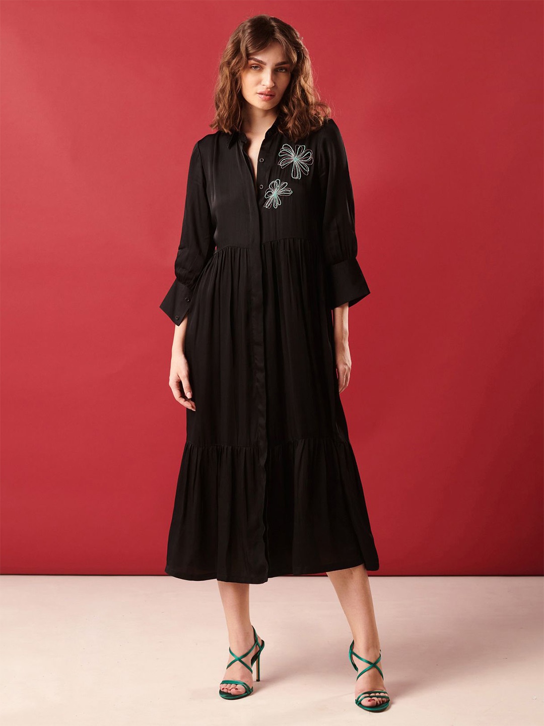 

Midsummer Bell Sleeve A-Line Midi Dress, Black