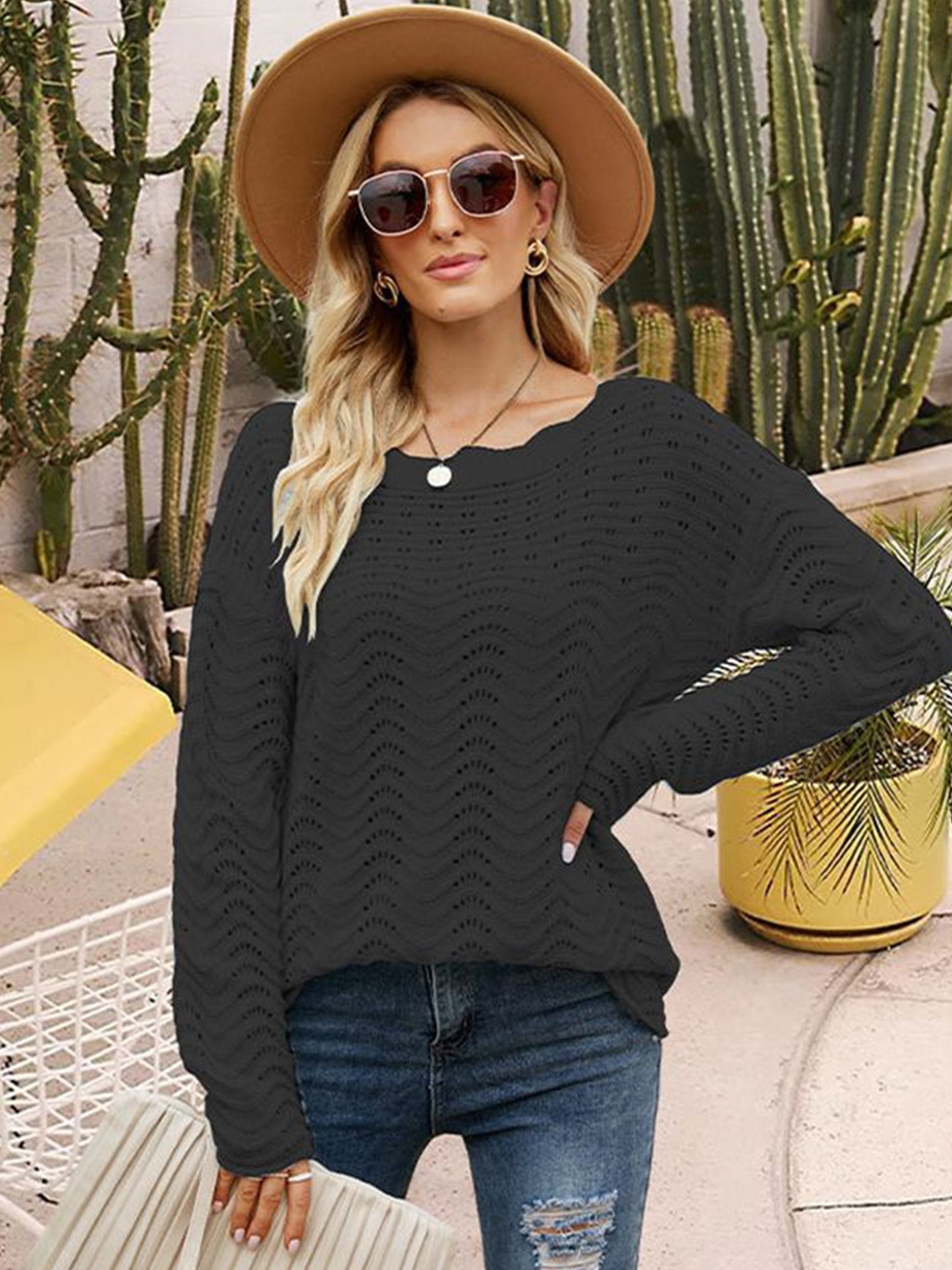 

StyleCast Women Self Design Round Neck Pullover, Black