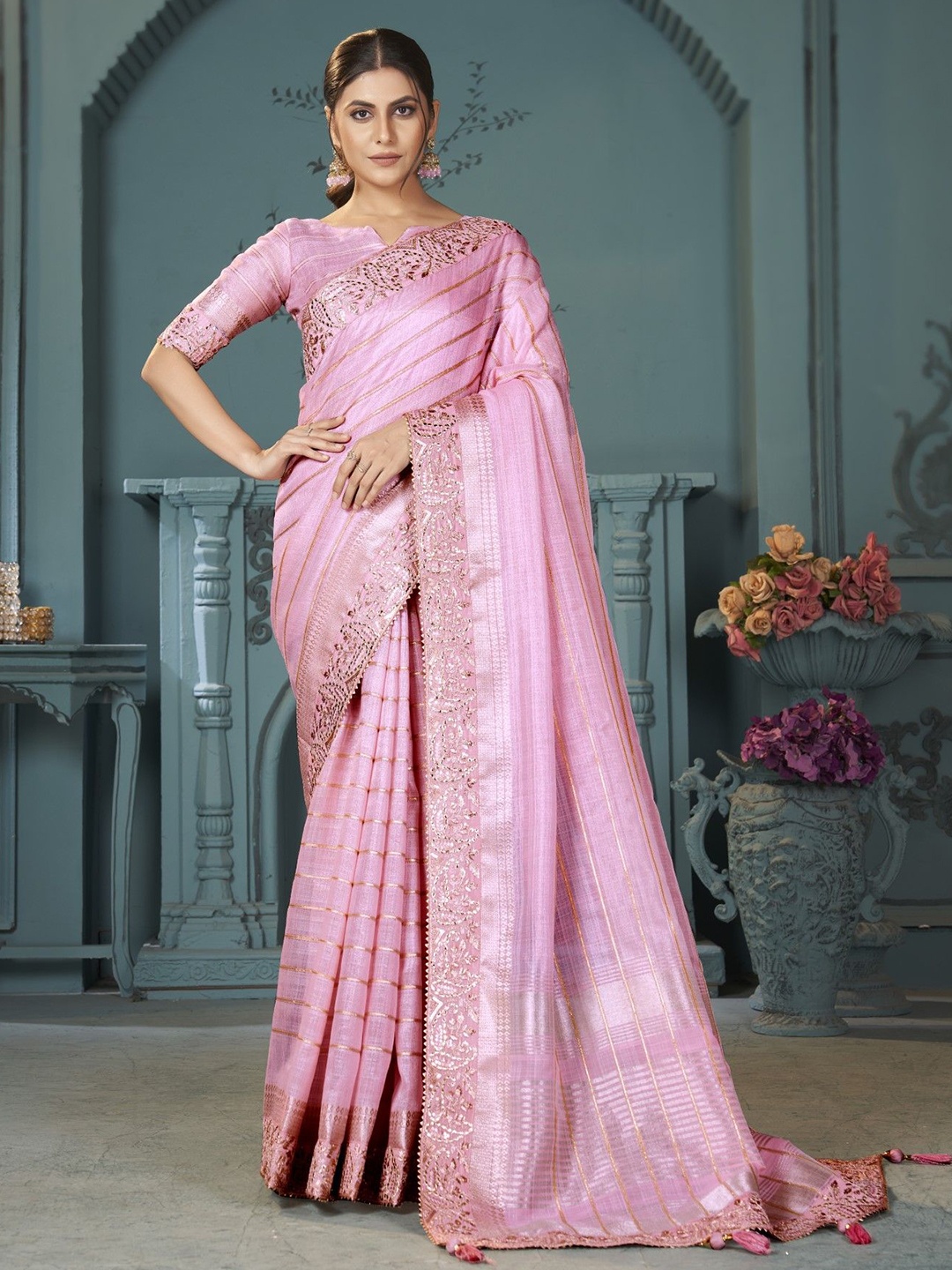 

Mitera Zari Striped Embroidered Saree, Pink