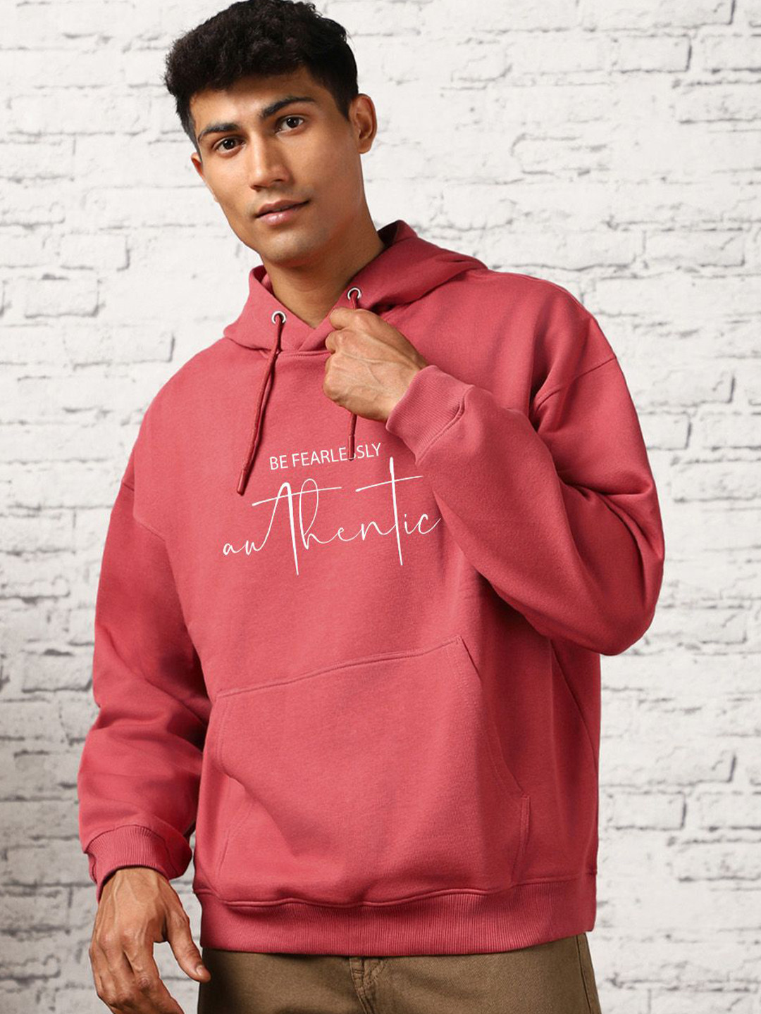 

NOBERO Men Oversized Printed Hooded Sweatshirt, Red