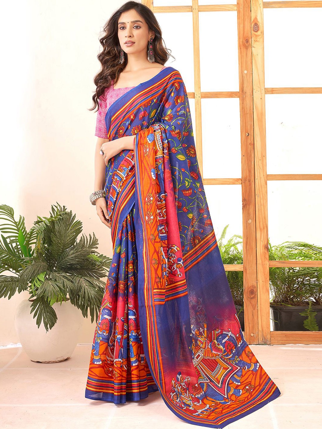

Mitera Kalamkari Pure Cotton Ikat Saree, Blue