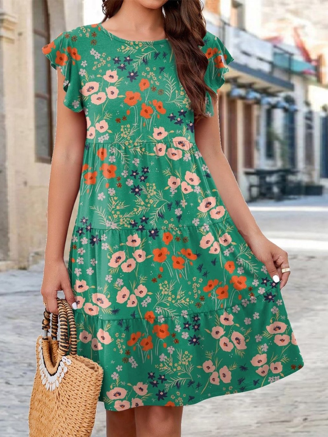 

KPOP Women Floral Printed Flared Sleeves Fit and Flare Dress, Green
