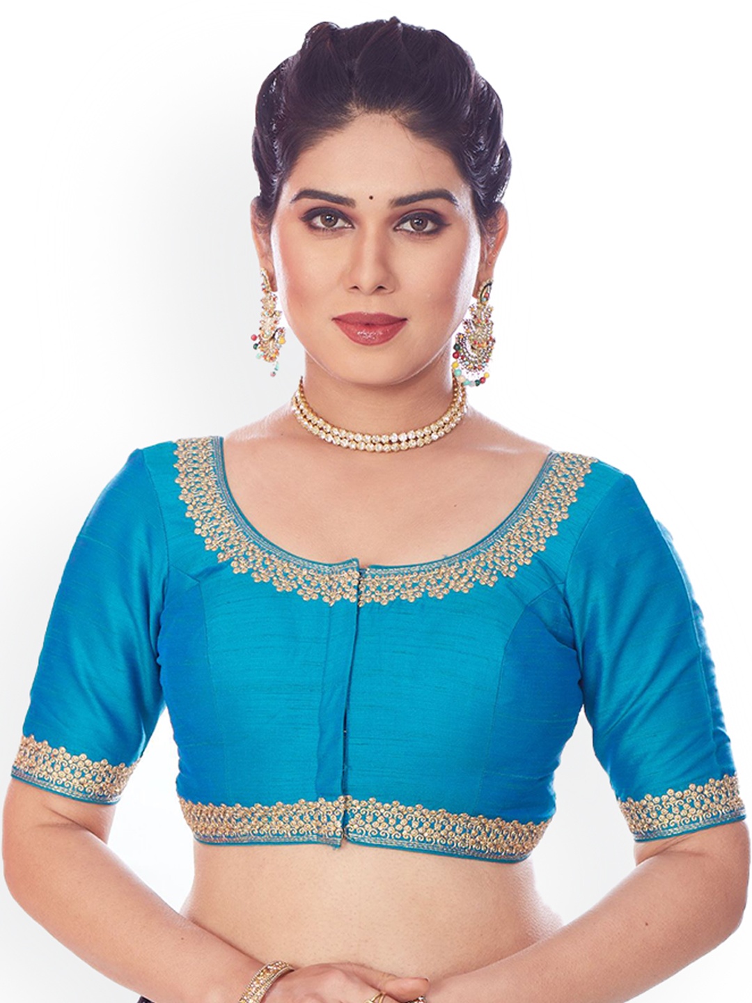 

Mmore Embroidered Readymade Padded Saree Blouse, Blue