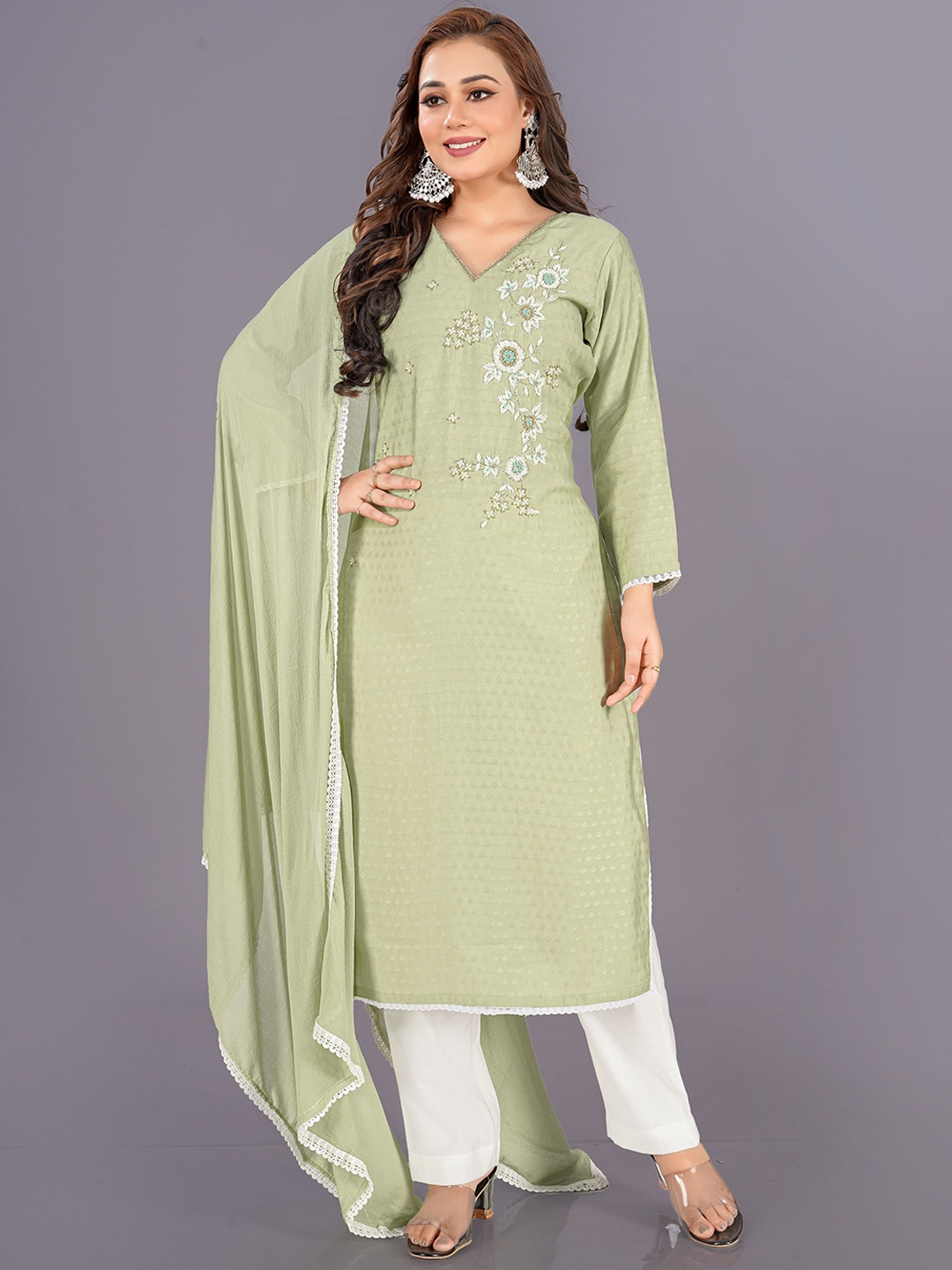 

V B SONS Women Floral Embroidered Regular Beads and Stones Kurta with Trousers & With Dupatta, Sea green