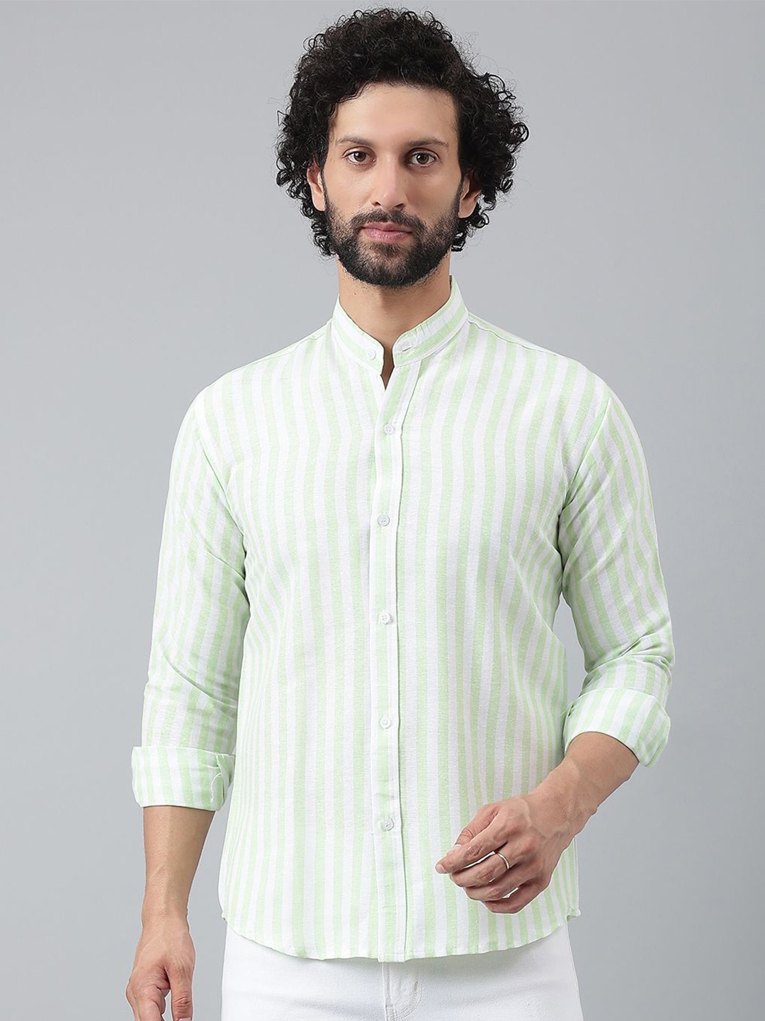 

KLOSET BY RIAG Men Classic Band Collar Vertical Striped Cotton Casual Shirt, Green