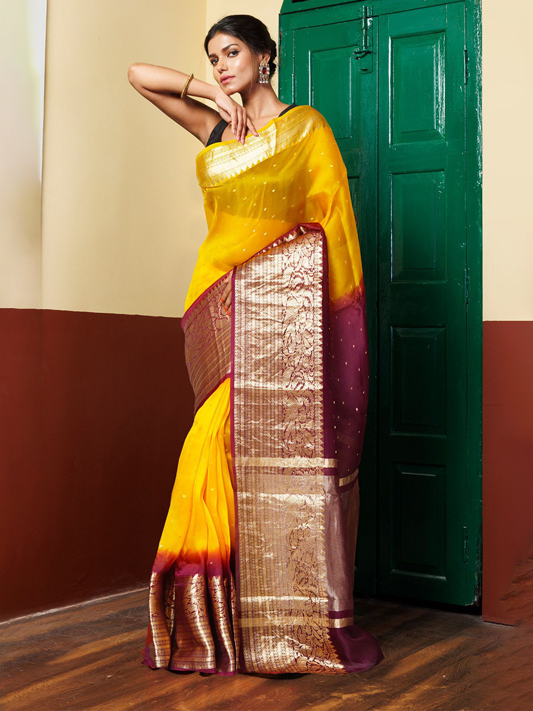 

Unnati Silks Ombre Zari Organza Handloom Banarasi Saree, Yellow