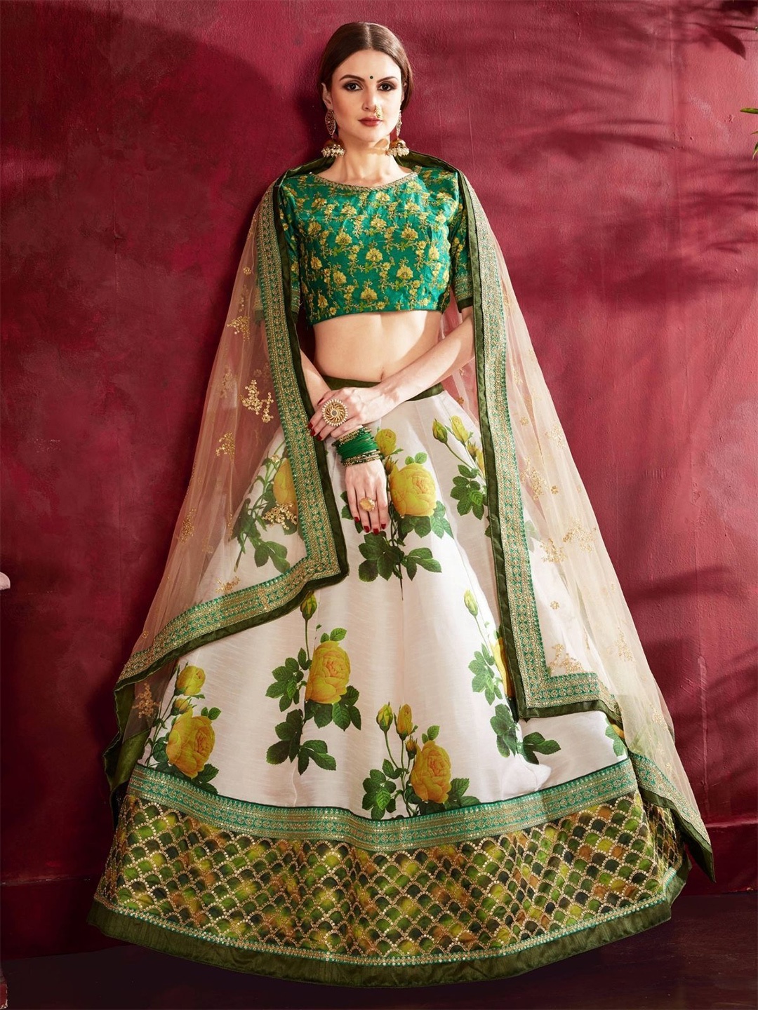 

ODETTE Embroidered Zari Semi-Stitched Lehenga & Blouse With Dupatta, Green