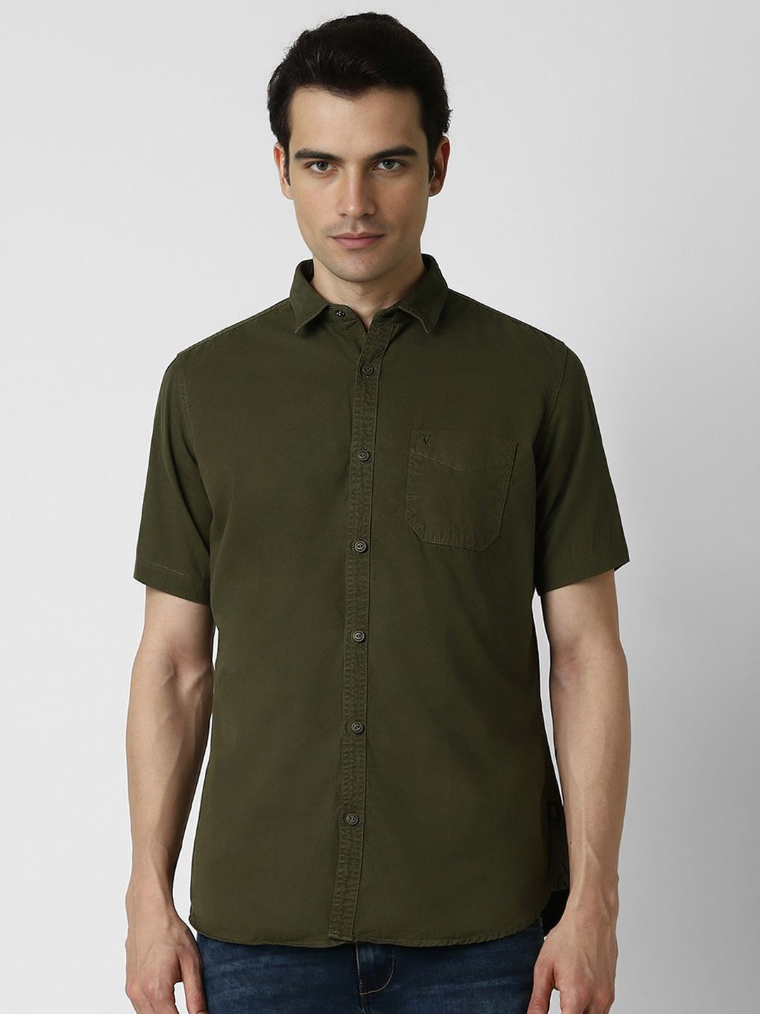 

VAN HEUSEN DENIM LABS Men Spread Collar Solid Cotton Slim Fit Casual Shirt, Olive