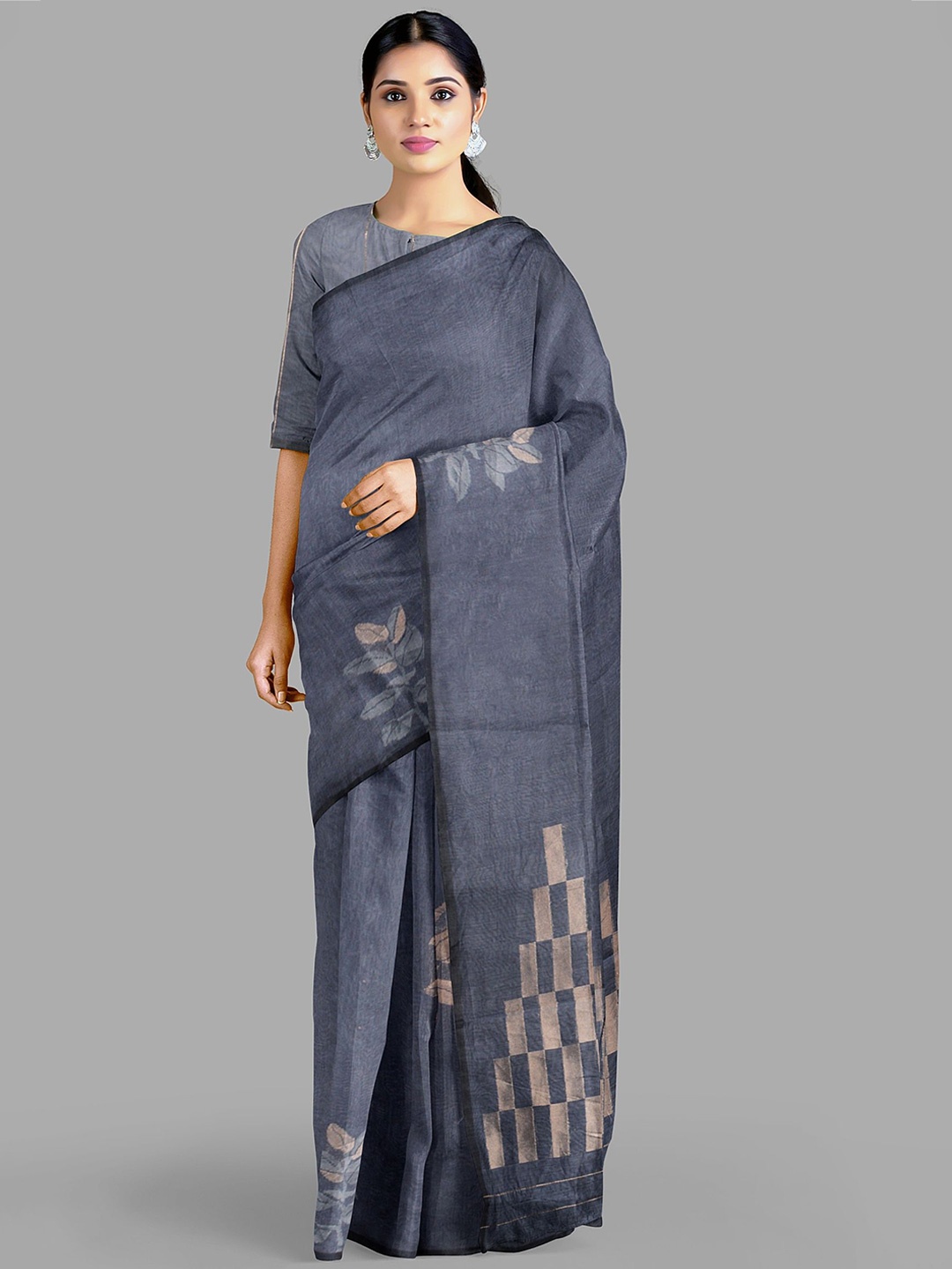 

The Chennai Silks Ethnic Motifs Zari Silk Cotton Maheshwari Saree, Grey