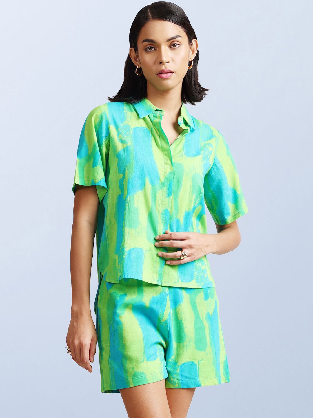 

CUSTARD Printed Pure Cotton Shirt & Shorts Co-Ords, Lime green