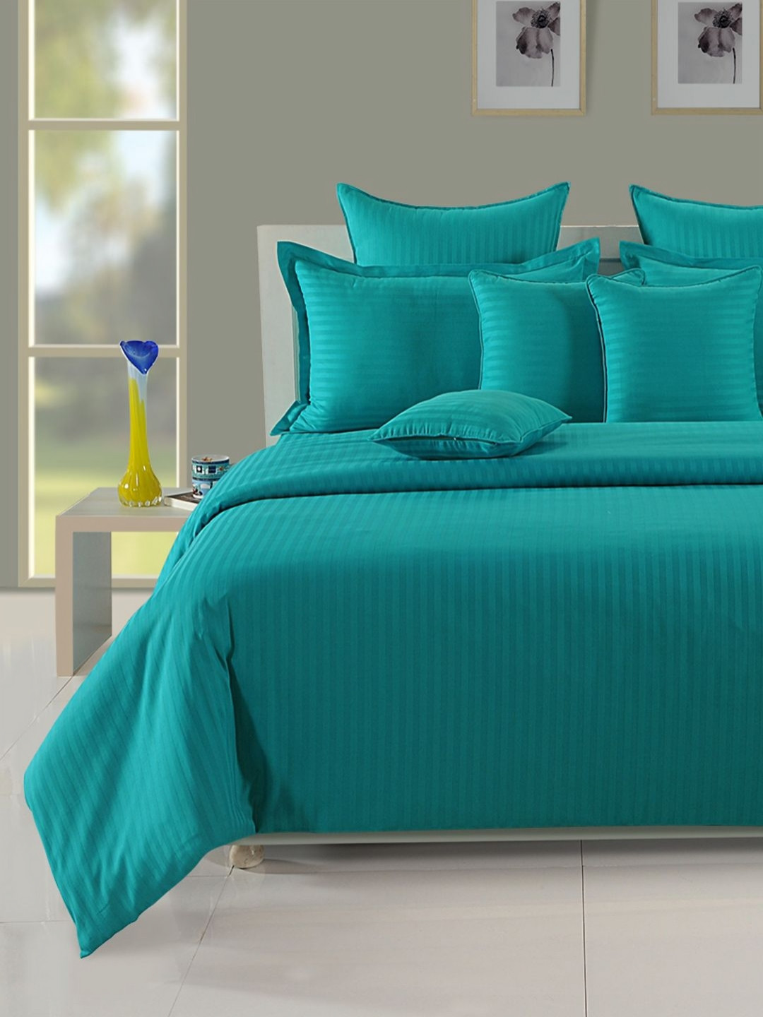 

Swayam Sonata Aqua Turquoise Self-Striped 300TC Fitted Cotton King Bedsheet Set, Blue