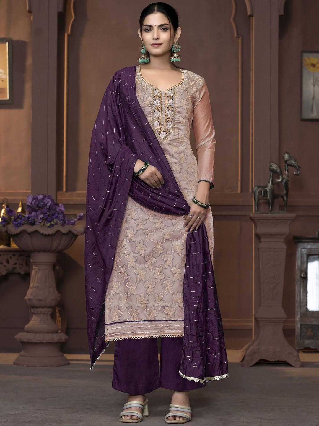 

Maroosh Floral Embroidered Thread Work Unstitched Dress Material, Purple