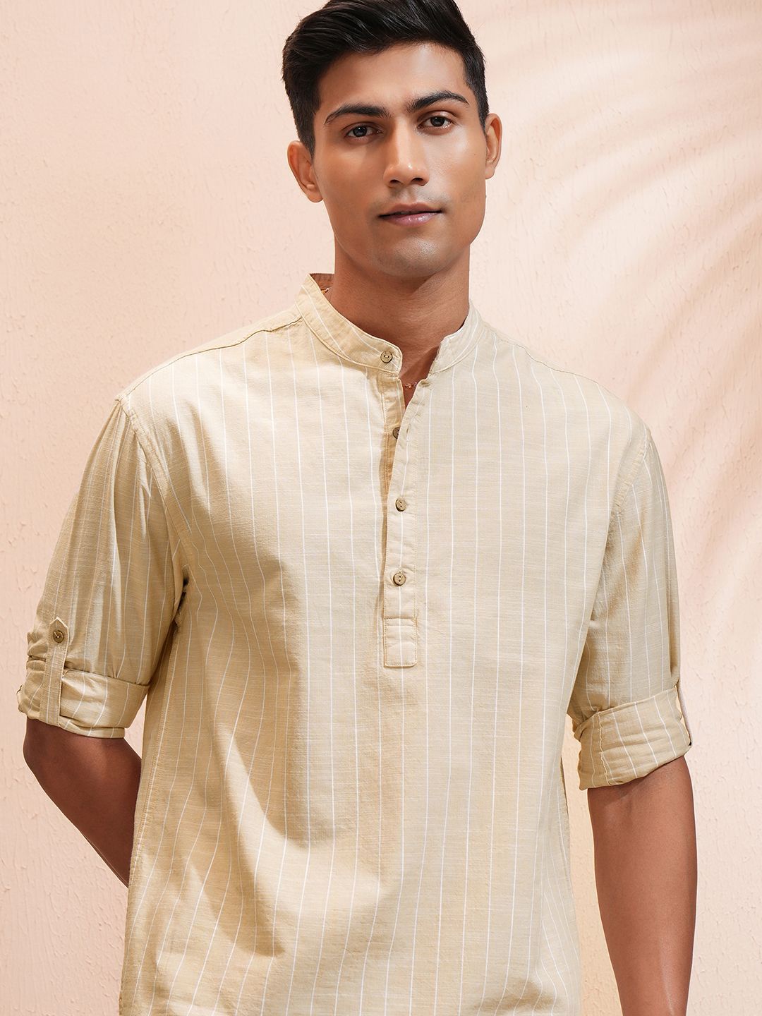 

Highlander Men Striped Mandarin Collar Roll Up Sleeve Relaxed Shirt, Beige
