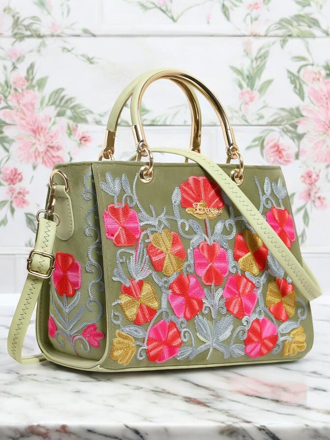 

Exotic Women Floral Embellished Structured Handheld Bag, Green