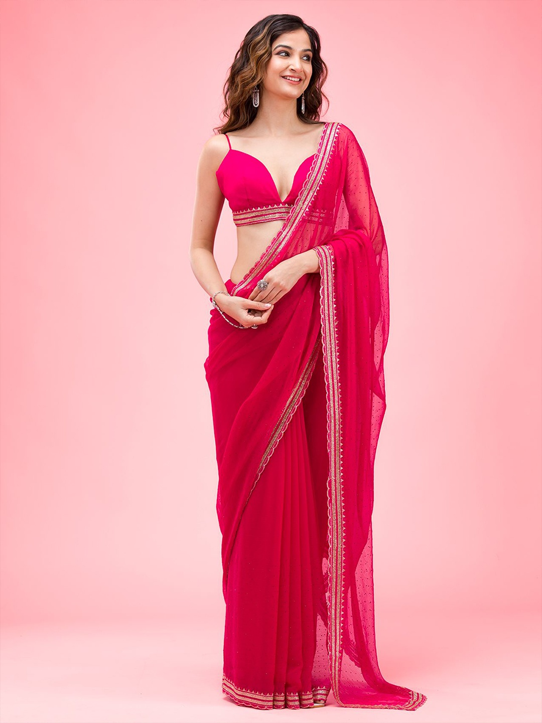 

Koskii Embellished Embroidered Pure Chiffon Saree, Pink