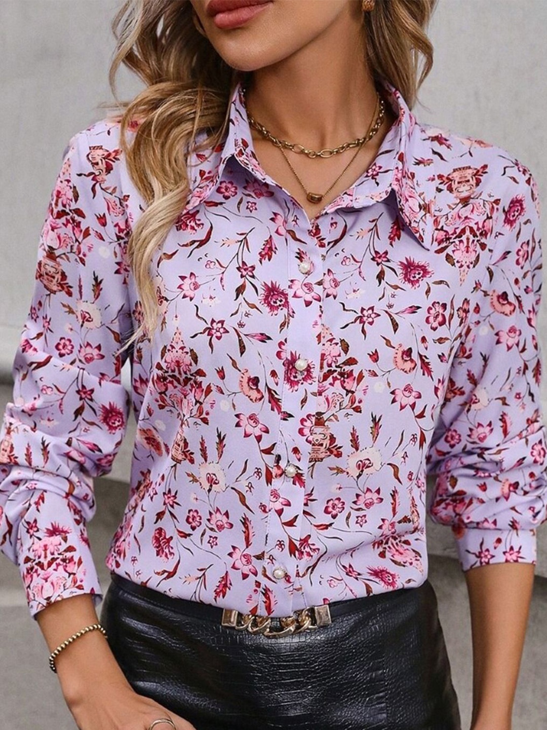 

KPOP Women Floral Printed Shirt Collar Top, Lavender