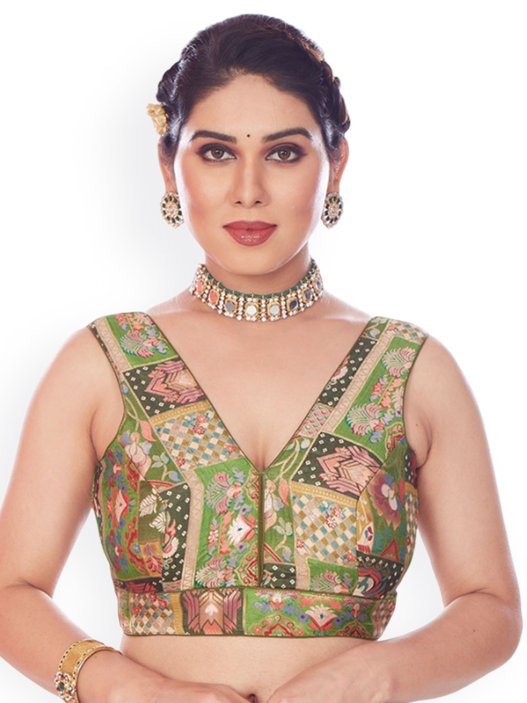

Mmore Printed Padded Saree Blouse, Green
