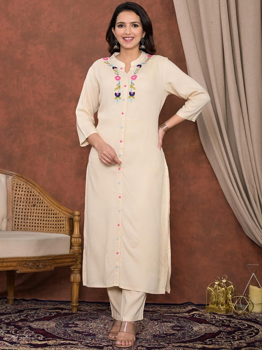 

Readiprint Floral Embroidered Straight Thread Work Kurta with Palazzos, Beige