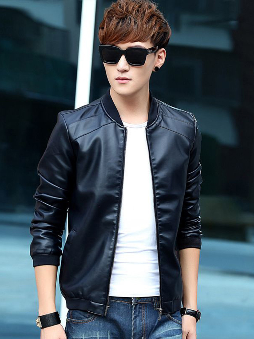 

StyleCast x Revolte Men Insulator Outdoor Leather Jacket, Blue