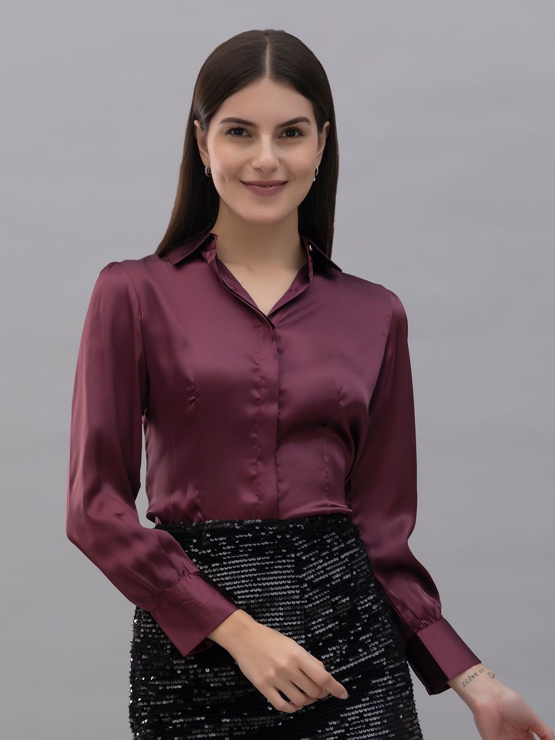 

PURYS WORKSPACE Women Classic Spread Collar Solid Formal Shirt, Maroon