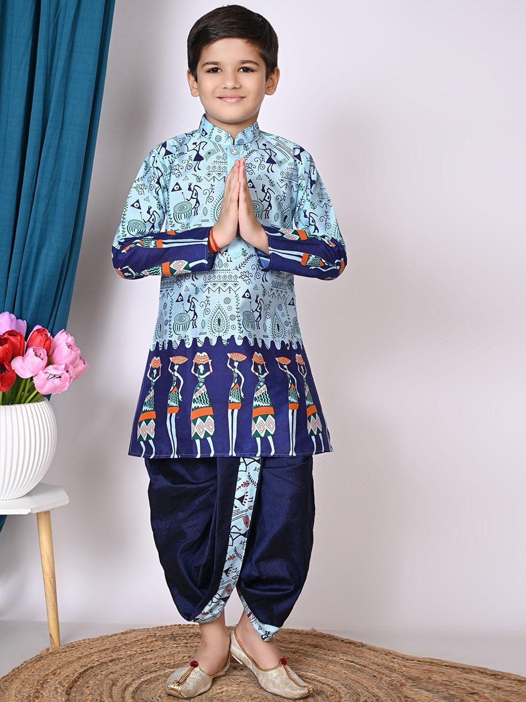 

NFC CREATION Boys Ethnic Motifs Printed Regular Dupion Silk Kurta with Dhoti Pants, Blue