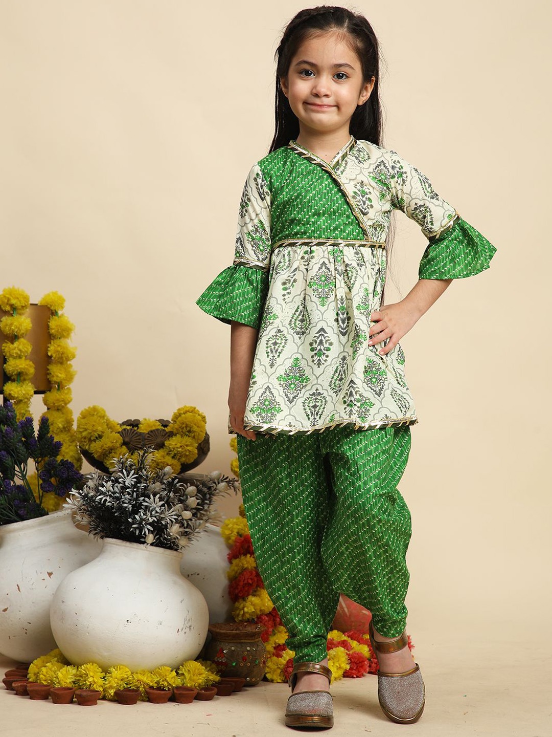 

Cutiekins Girls Ethnic Motifs Printed Gotta Patti A-Line Kurta With Dhoti Pants, Beige