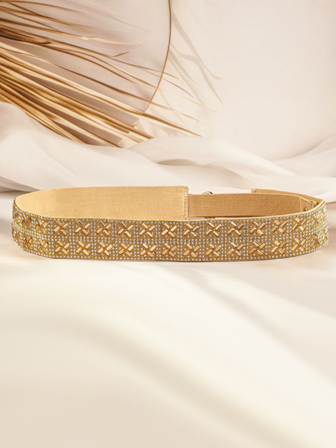 

Rubans Gold-Toned Crystal Zirconia Studded Adjustable Waist Belt with Fabric Base
