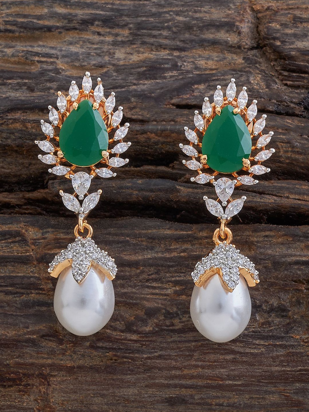 

Kushal's Fashion Jewellery Rhodium-Plated Cubic Zirconia Studded Leaf Shaped Drop Earrings, Green