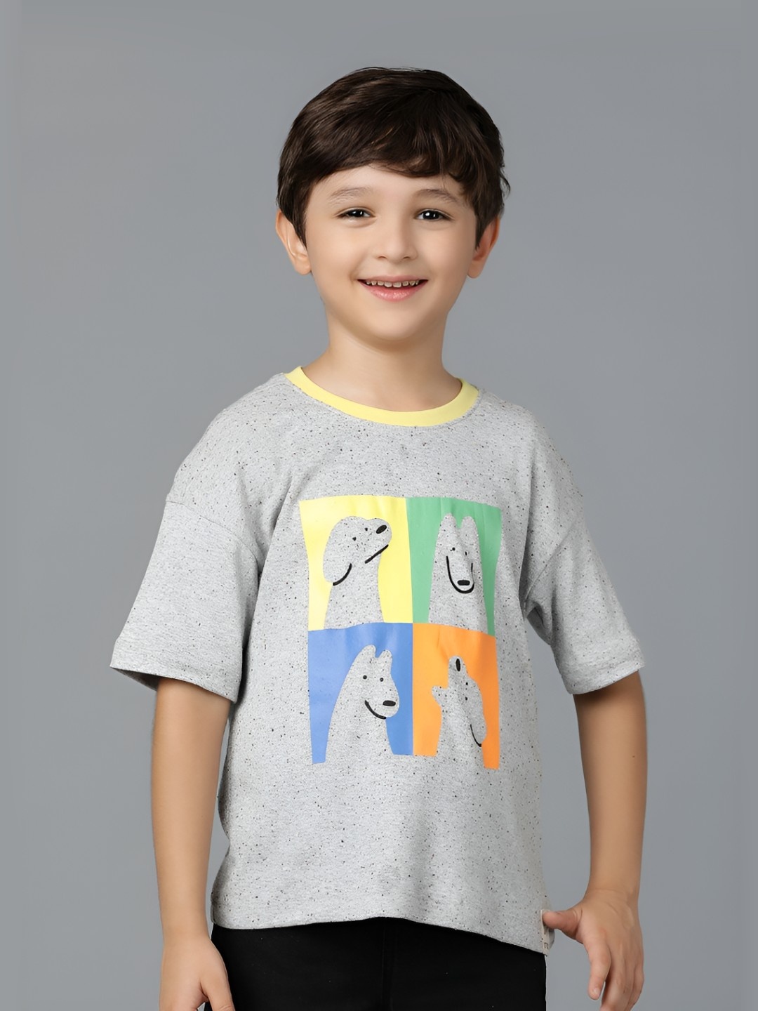 

TALES & STORIES Boys Printed Applique T-shirt, Grey