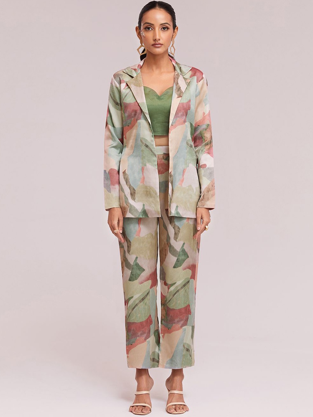 

Fusionic Printed Top & Trouser Co-Ords With Jacket, Green