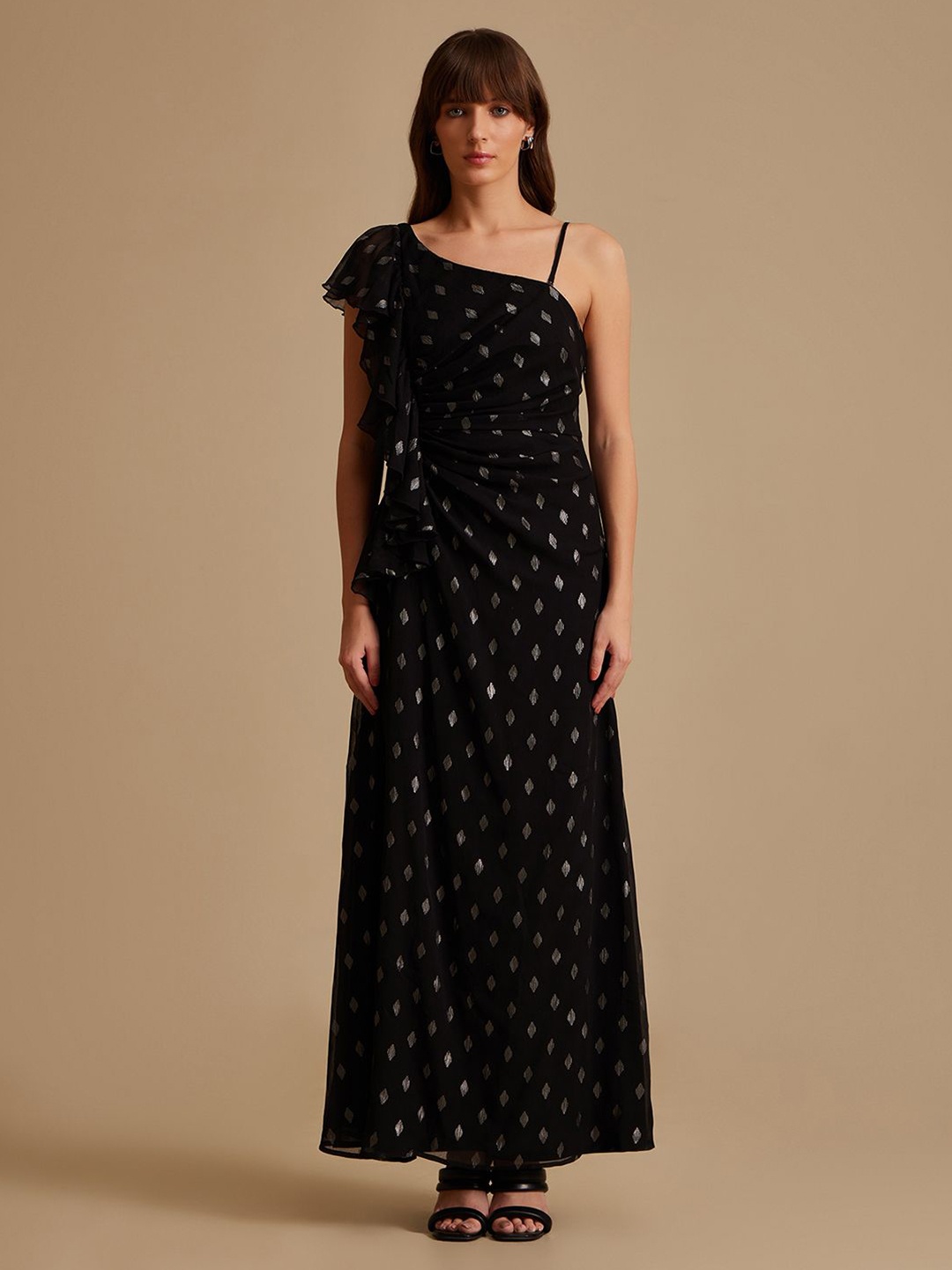 

Kazo Women One Shoulder Self Design A-Line Maxi Dress, Black