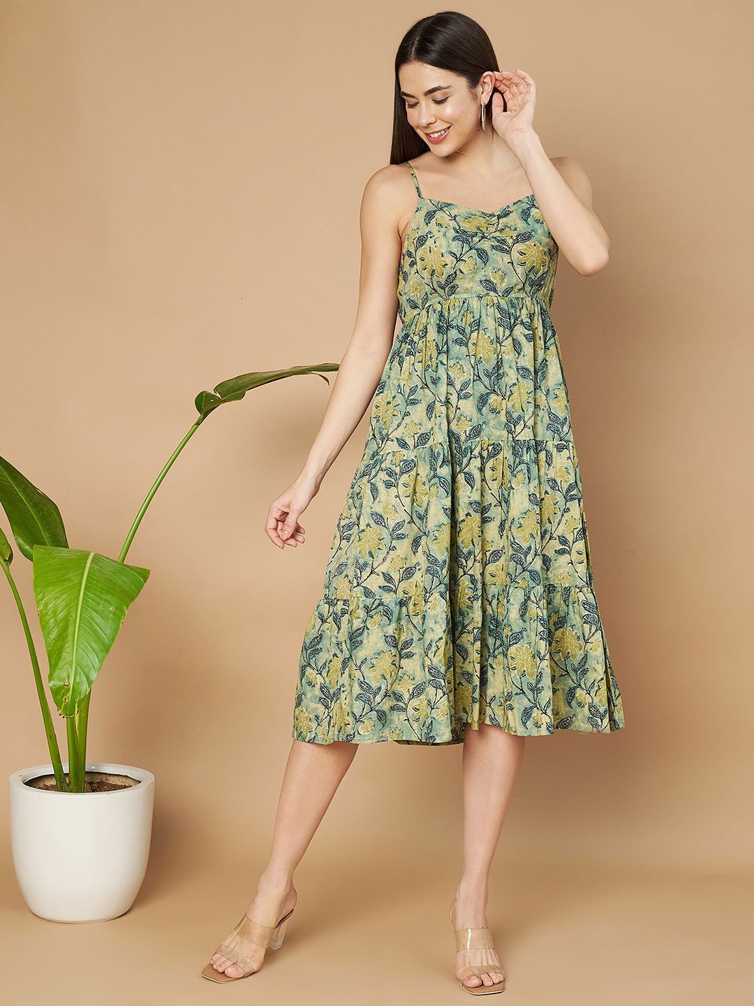 

COTLAND FASHION Women Floral Printed A-Line Cotton Dress, Green