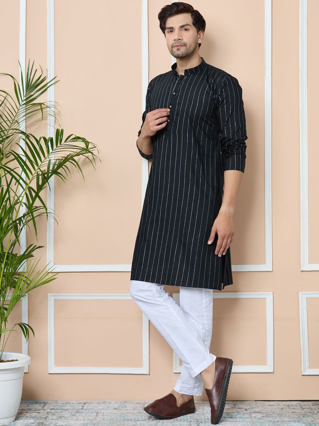 

See Designs Men Striped Regular Kurta with Pyjamas, Black
