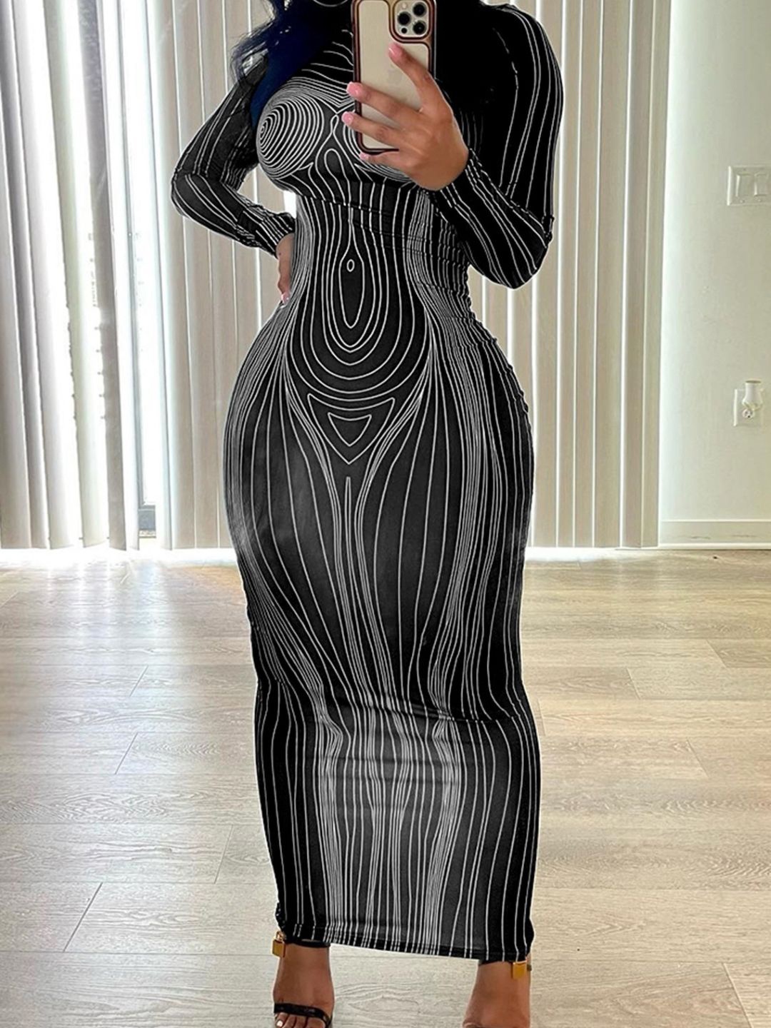 

KPOP Women Abstract Printed Bodycon Maxi Dress, Black