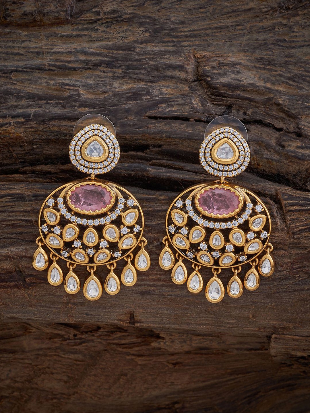 

Kushal's Fashion Jewellery Copper Kundan Studded Teardrop Shaped Drop Earrings, Pink