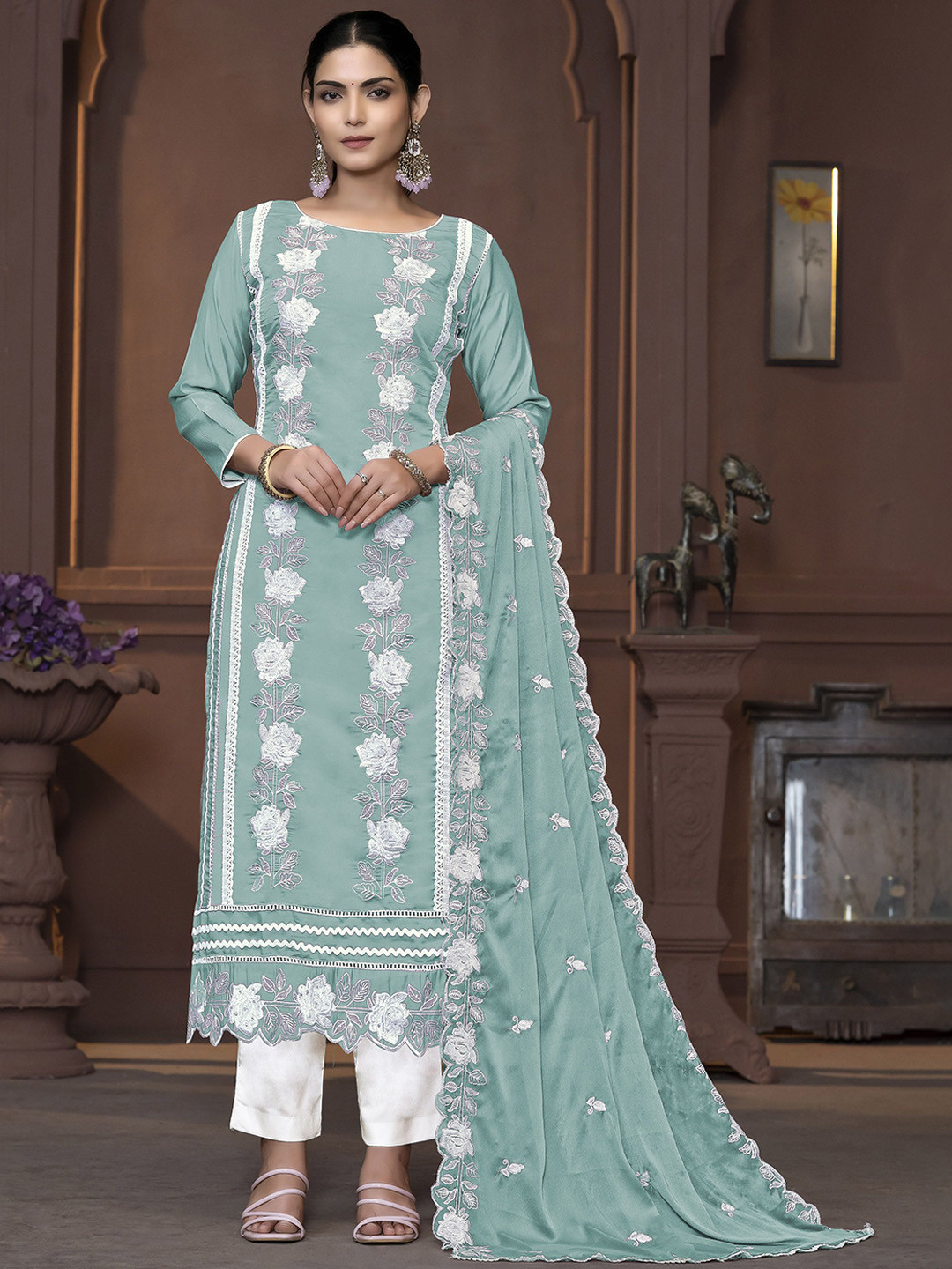 

Maroosh Embroidered Unstitched Dress Material, Sea green