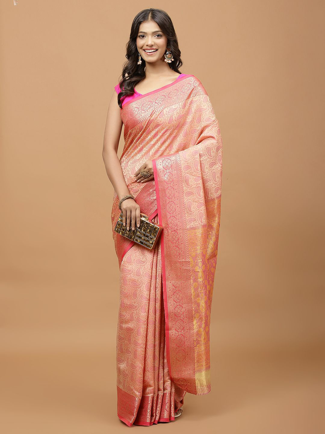 

Meena Bazaar Woven Design Zari Saree, Peach