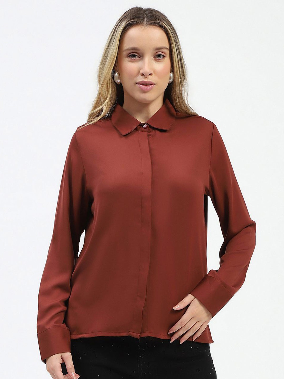 

Madame Women Spread Collar Solid Casual Shirt, Rust