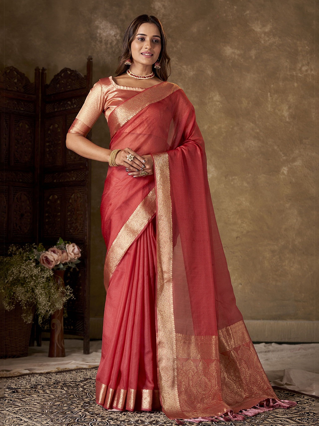 

KAYOMMI Zari Organza Kanjeevaram Saree, Pink